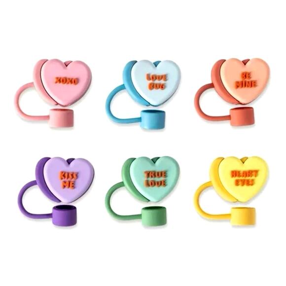Conversation Heart Straw Toppers 6pk Valentines Day Multicolor Silicone XO New - Picture 2 of 12